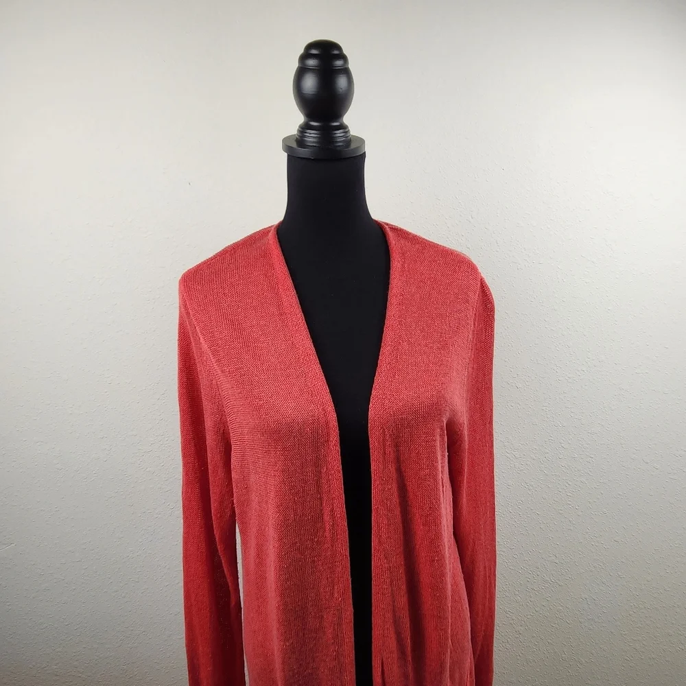 J.Jill Red Linen Open Front Long Cardigan Sweater L Coral Pink